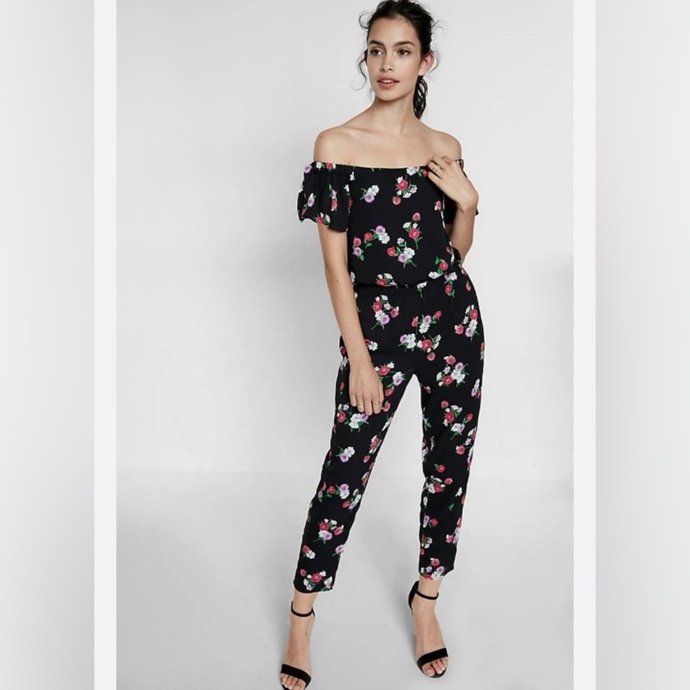 Express Black Floral Off-Shoulder Jumpsuit, Size M